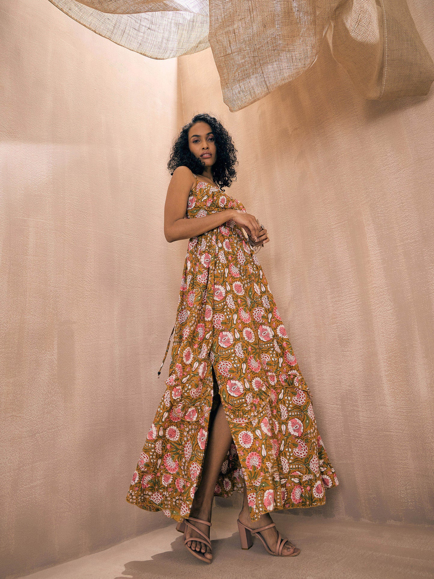 Brown Floral Back Tie Strappy Tiered Slit Maxi