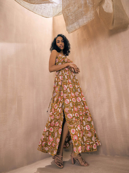 Brown Floral Back Tie Strappy Tiered Slit Maxi