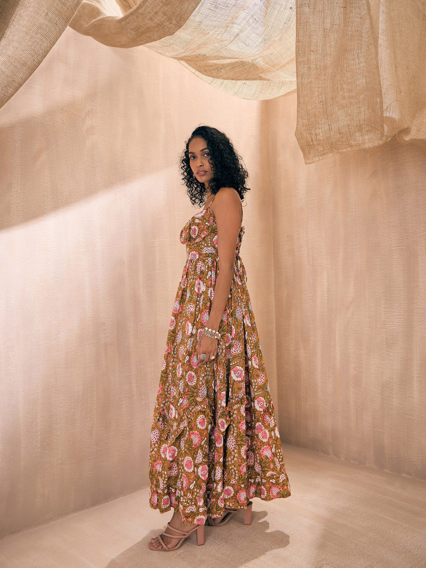 Brown Floral Back Tie Strappy Tiered Slit Maxi