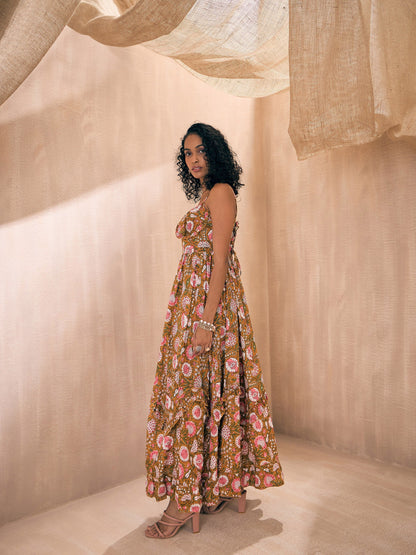 Brown Floral Back Tie Strappy Tiered Slit Maxi