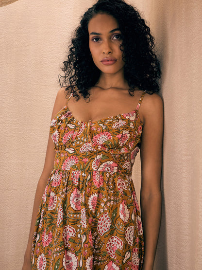 Brown Floral Back Tie Strappy Tiered Slit Maxi