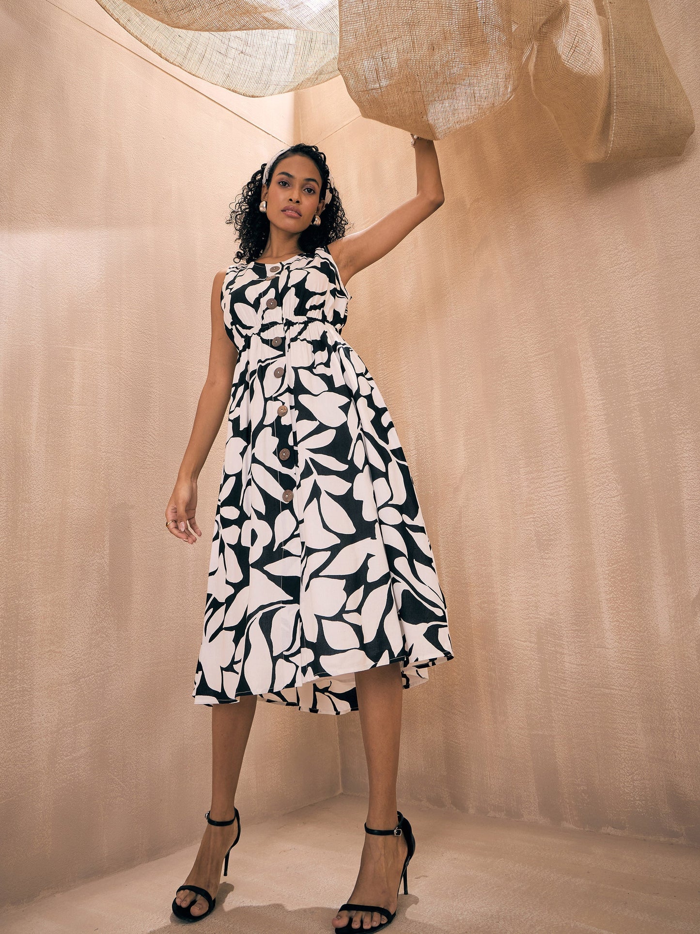 White & Black Floral Front Button Midi Dress