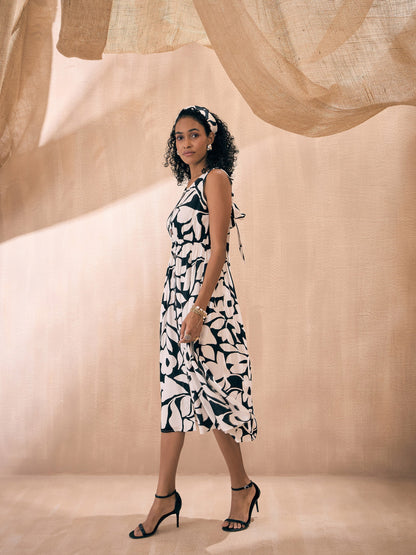 White & Black Floral Front Button Midi Dress
