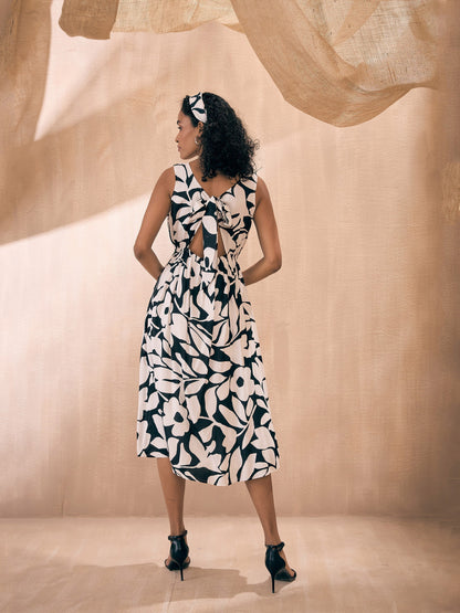 White & Black Floral Front Button Midi Dress