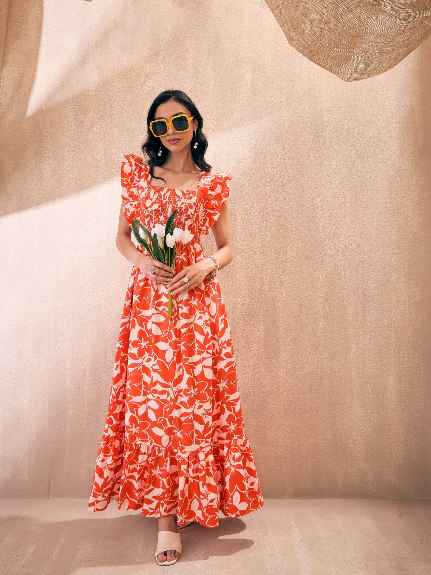 Orange Floral Back Knot Frill Maxi