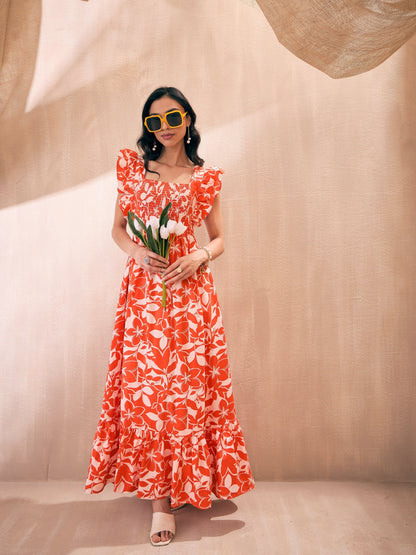 Orange Floral Back Knot Frill Maxi