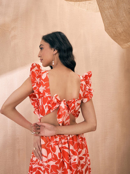 Orange Floral Back Knot Frill Maxi