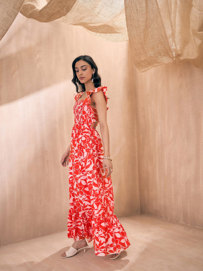 Orange Floral Back Knot Frill Maxi
