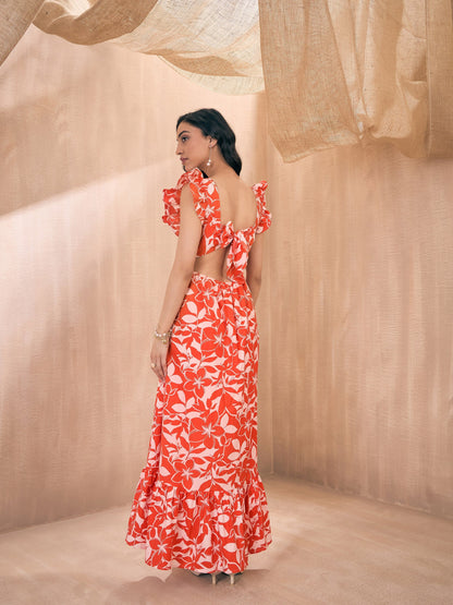 Orange Floral Back Knot Frill Maxi