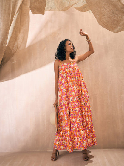 Orange Ikat Print Loose Fit Strappy Tiered Maxi
