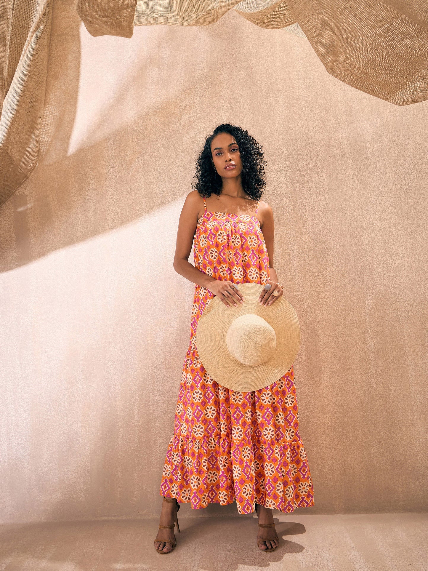 Orange Ikat Print Loose Fit Strappy Tiered Maxi