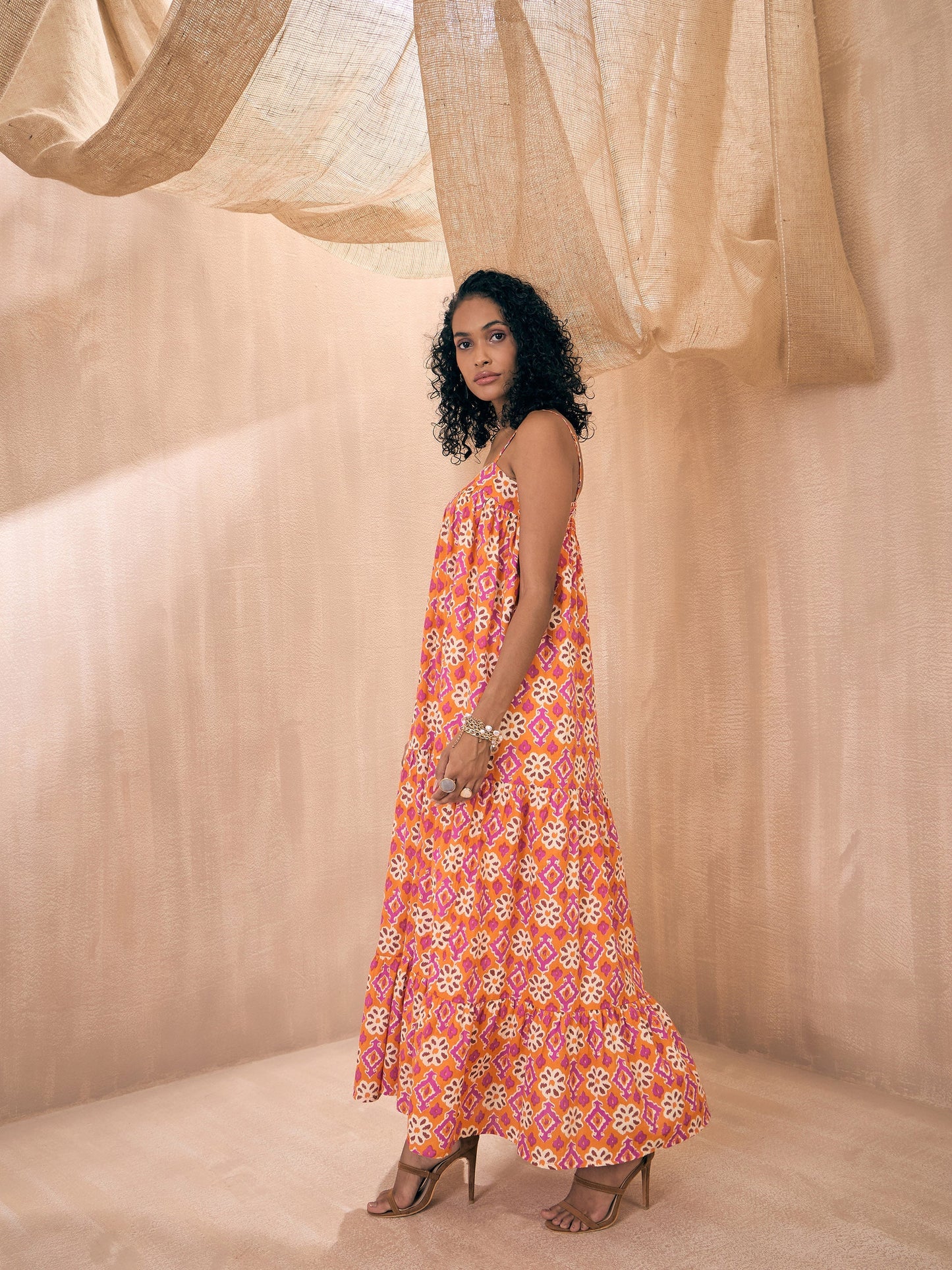 Orange Ikat Print Loose Fit Strappy Tiered Maxi