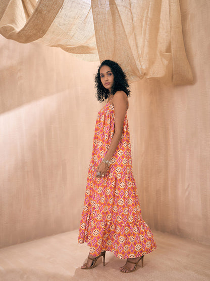 Orange Ikat Print Loose Fit Strappy Tiered Maxi