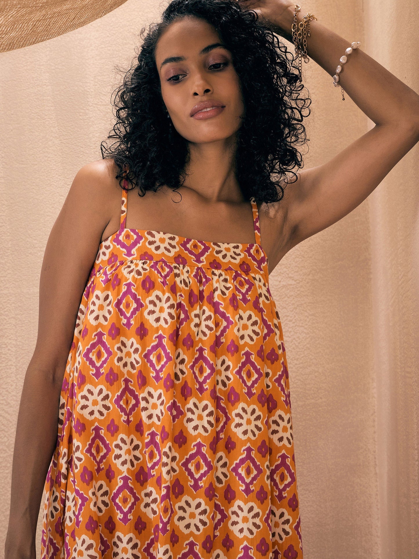 Orange Ikat Print Loose Fit Strappy Tiered Maxi