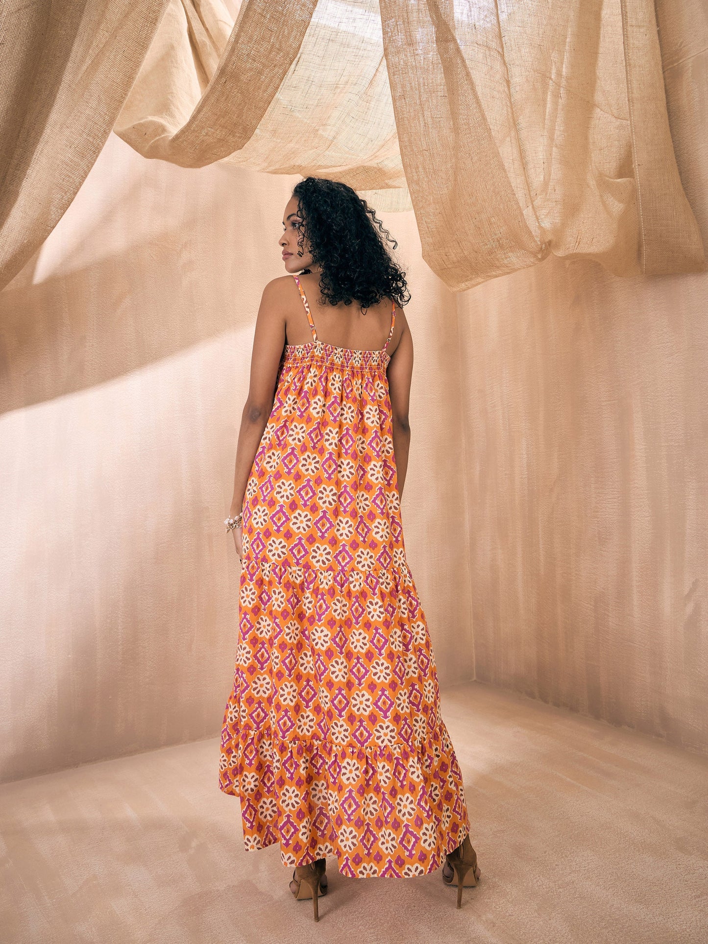 Orange Ikat Print Loose Fit Strappy Tiered Maxi