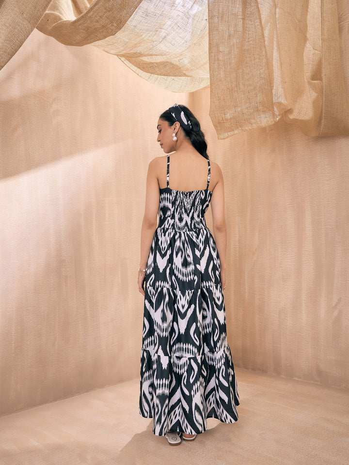 Women Black &amp; White Ikat Print Front Knot Strappy Maxi