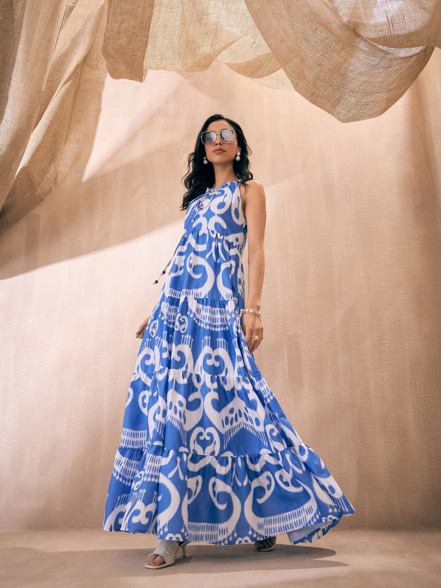 Blue & White Ikat Print Dori Neck Tiered Maxi