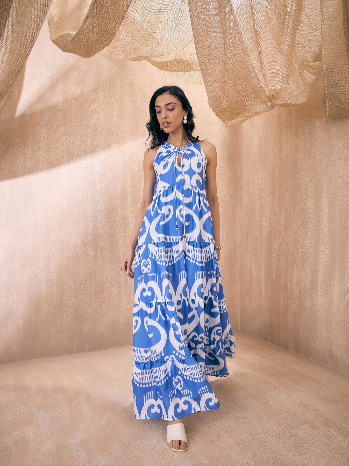 Blue & White Ikat Print Dori Neck Tiered Maxi
