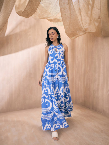 Blue & White Ikat Print Dori Neck Tiered Maxi