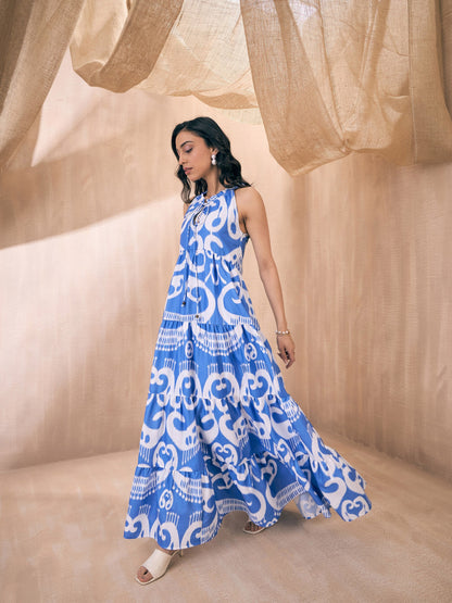 Blue & White Ikat Print Dori Neck Tiered Maxi