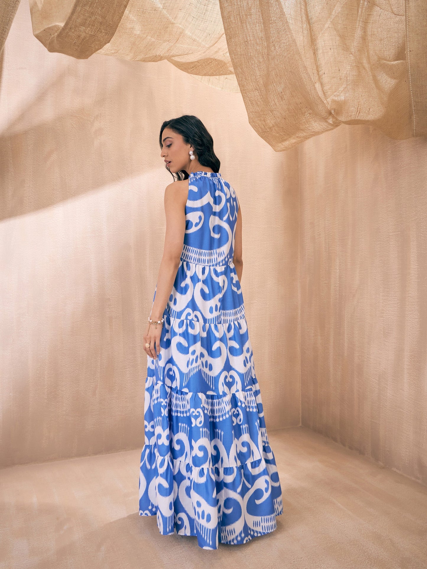 Blue & White Ikat Print Dori Neck Tiered Maxi