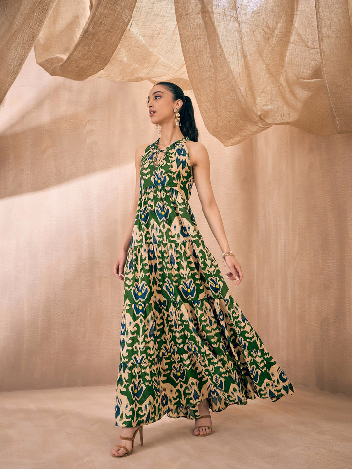 Women Green &amp; Beige Ikat Print Dori Neck Tiered Maxi