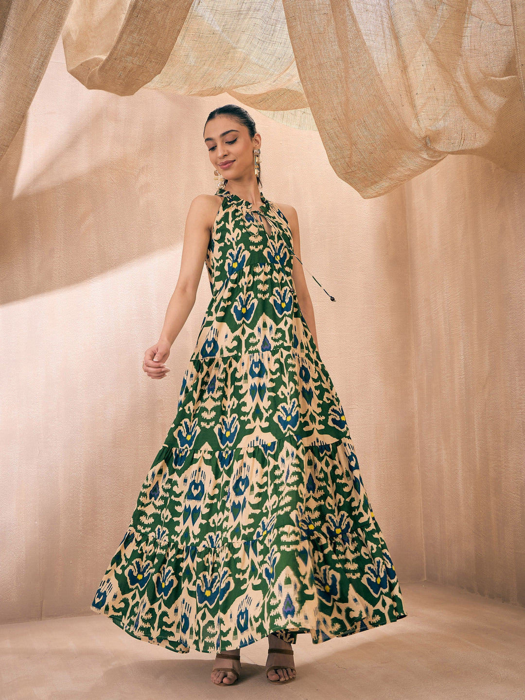 Women Green &amp; Beige Ikat Print Dori Neck Tiered Maxi