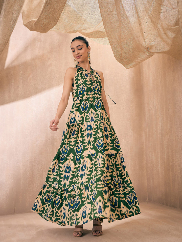 Women Green &amp; Beige Ikat Print Dori Neck Tiered Maxi