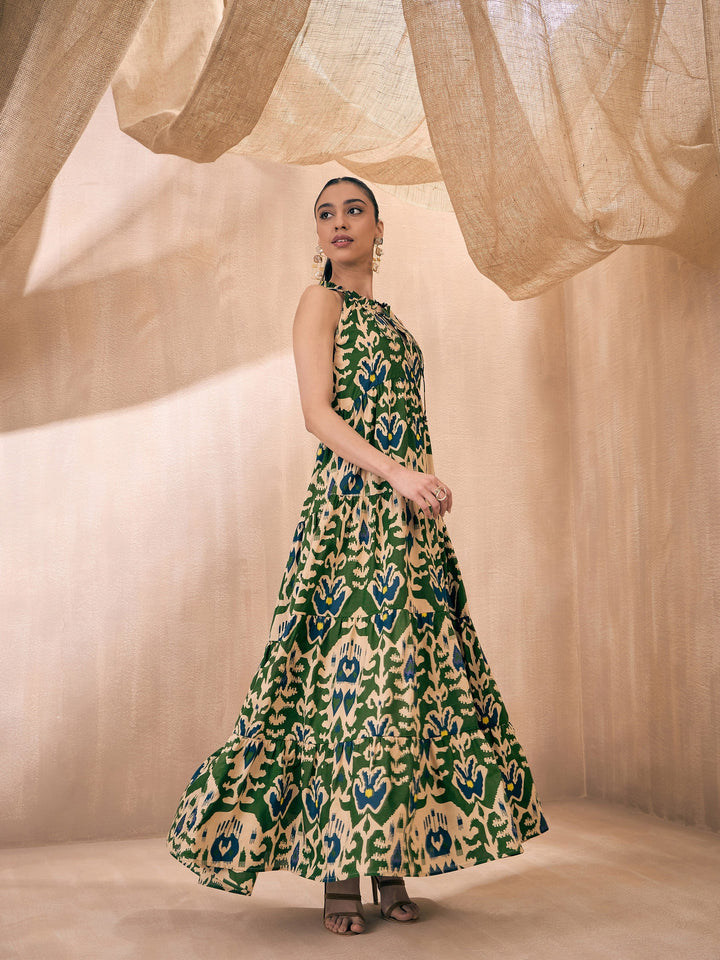 Women Green &amp; Beige Ikat Print Dori Neck Tiered Maxi