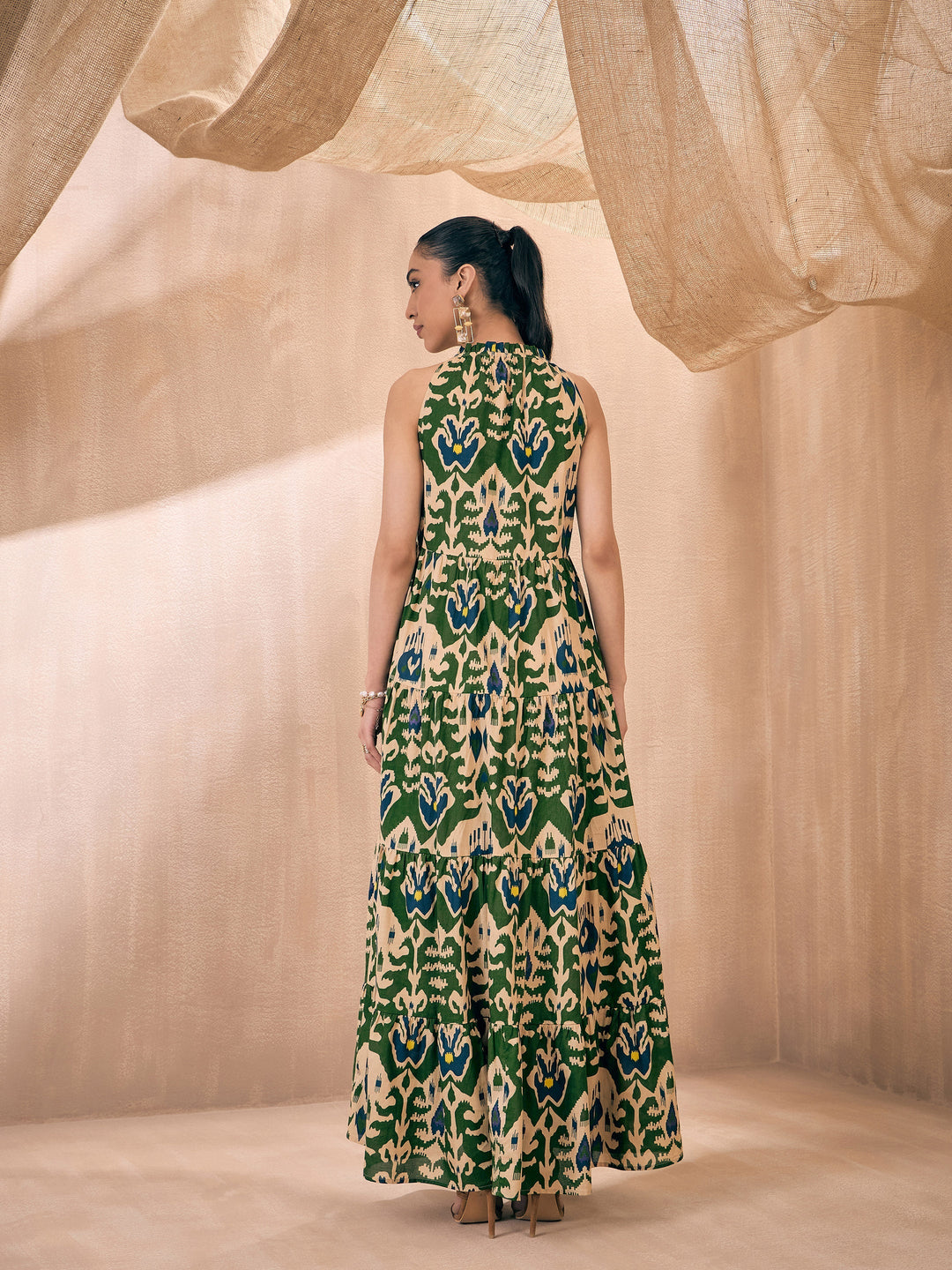 Women Green &amp; Beige Ikat Print Dori Neck Tiered Maxi