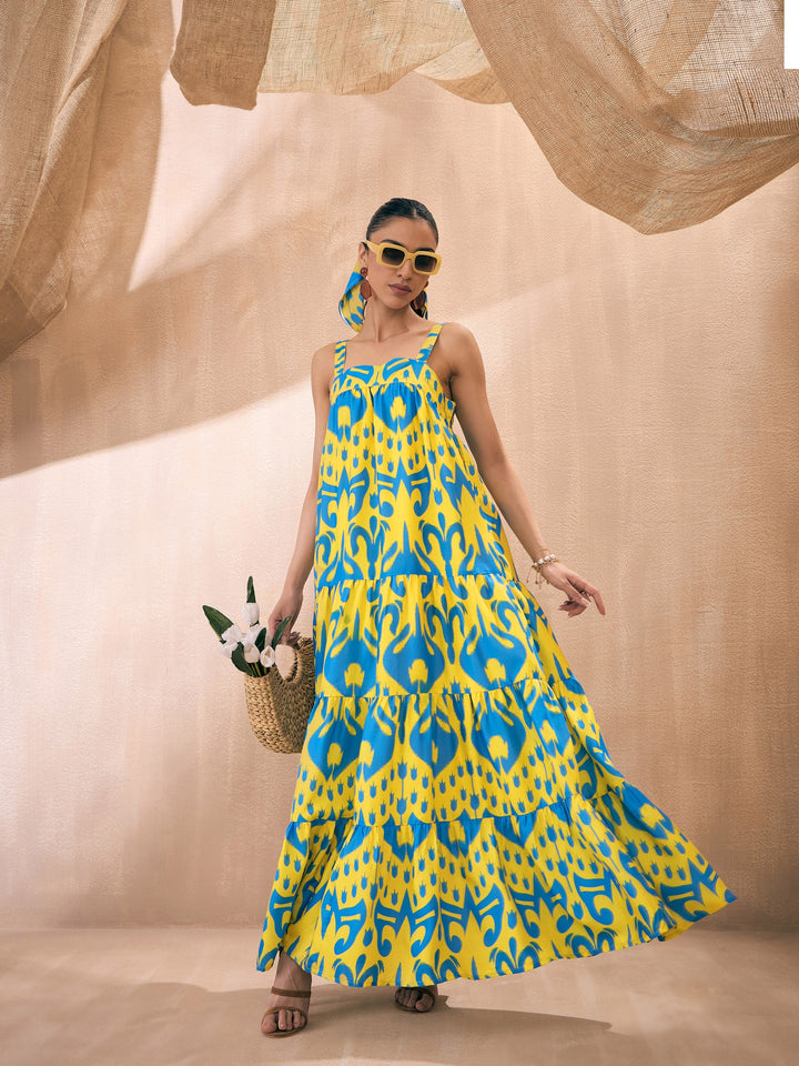 Women Yellow &amp; Blue Ikat Loose Fit Strappy Tiered Maxi