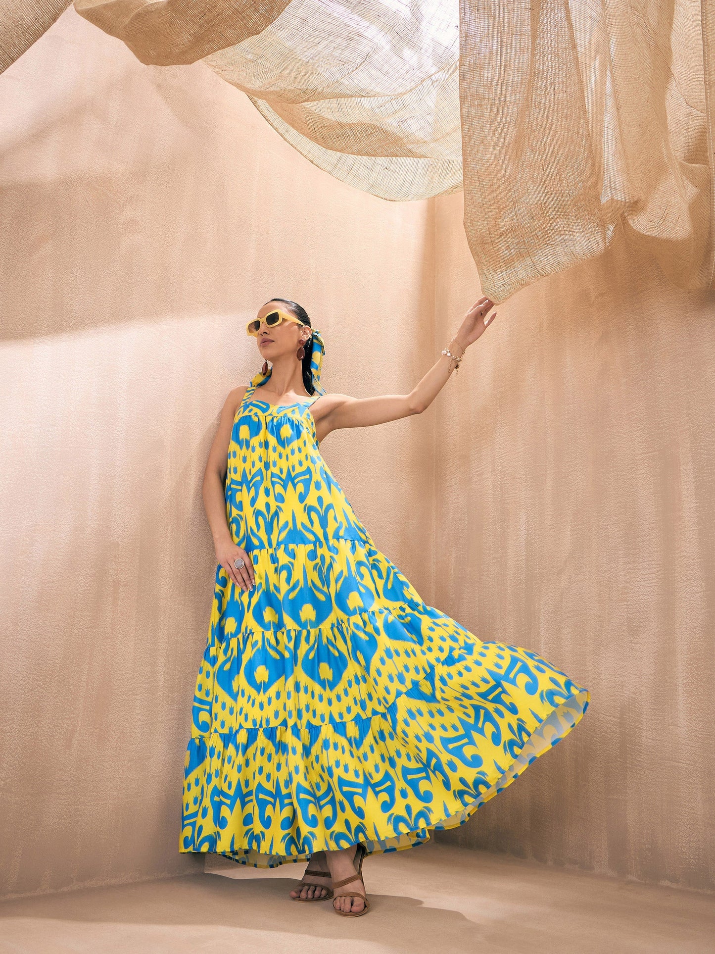 Women Yellow & Blue Ikat Loose Fit Strappy Tiered Maxi