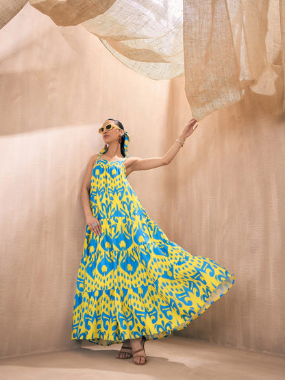 Women Yellow & Blue Ikat Loose Fit Strappy Tiered Maxi