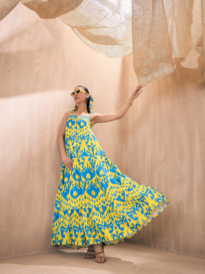 Women Yellow &amp; Blue Ikat Loose Fit Strappy Tiered Maxi