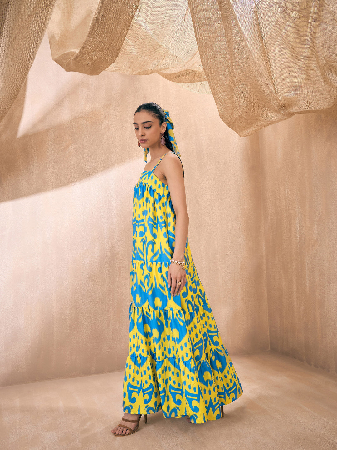 Women Yellow &amp; Blue Ikat Loose Fit Strappy Tiered Maxi