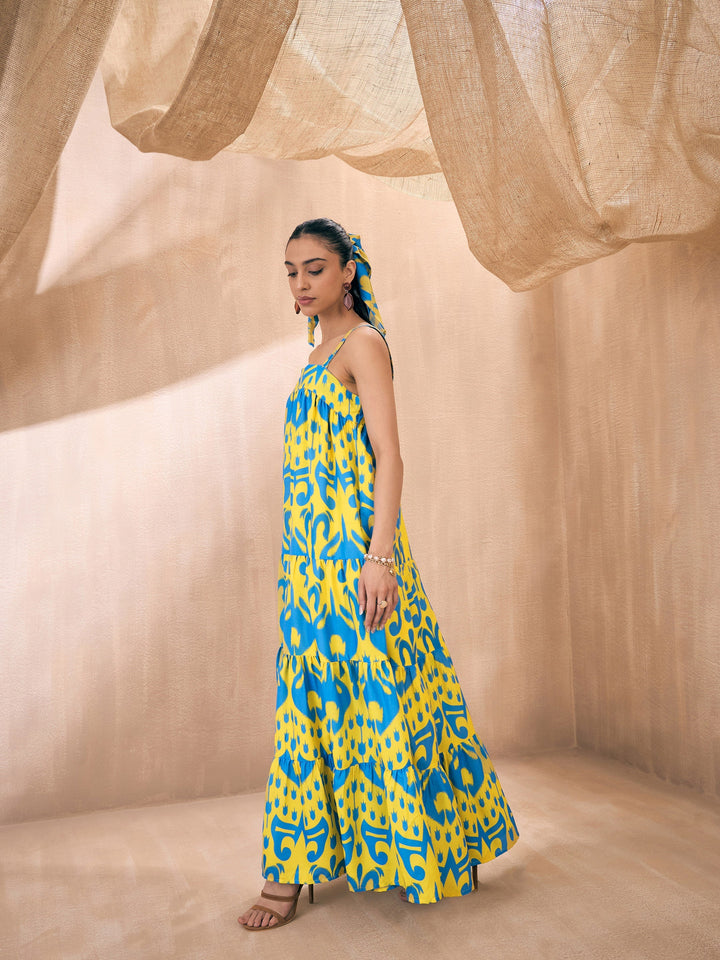 Women Yellow &amp; Blue Ikat Loose Fit Strappy Tiered Maxi
