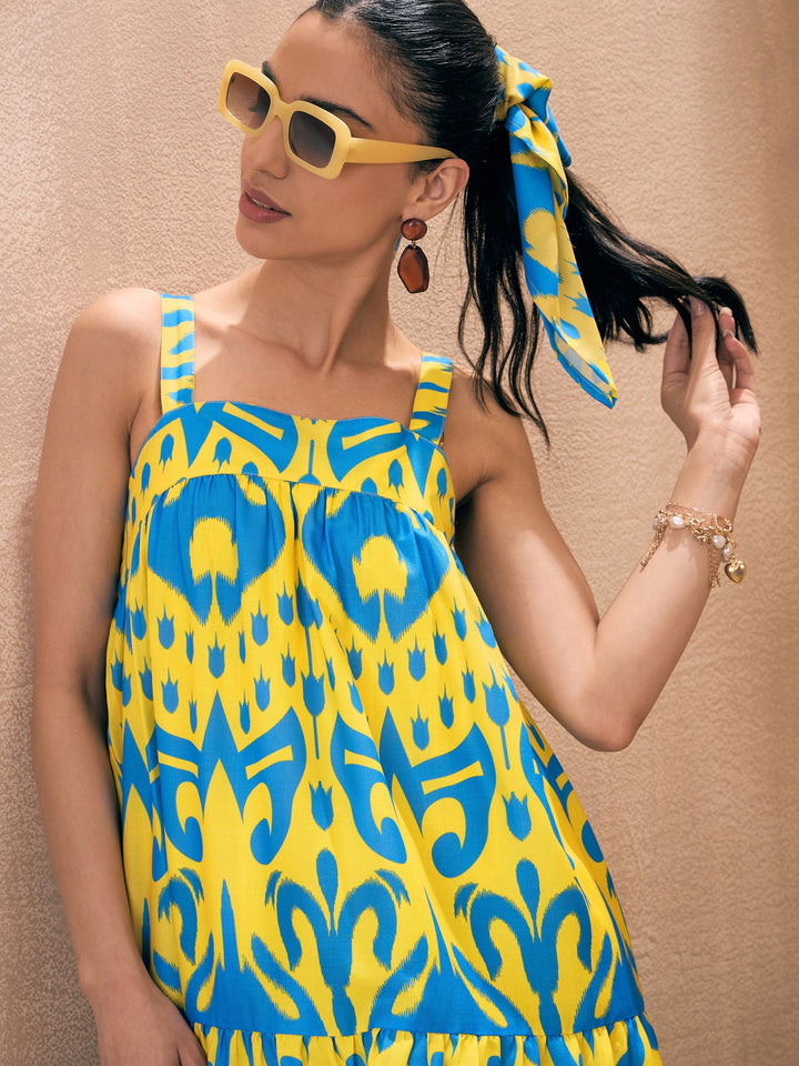 Women Yellow &amp; Blue Ikat Loose Fit Strappy Tiered Maxi