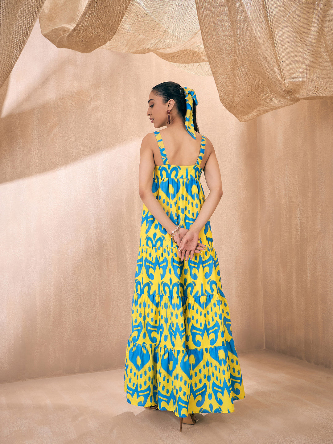 Women Yellow &amp; Blue Ikat Loose Fit Strappy Tiered Maxi