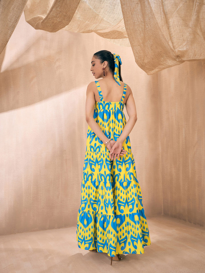 Women Yellow &amp; Blue Ikat Loose Fit Strappy Tiered Maxi