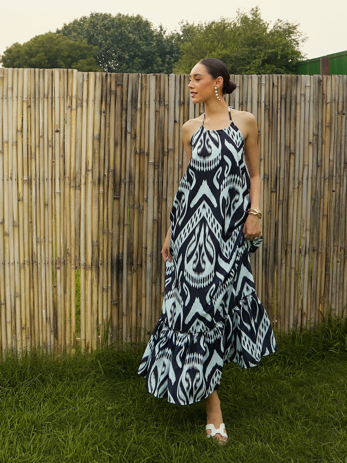 Black & White Ikat Halter Neck Loose Tiered Maxi