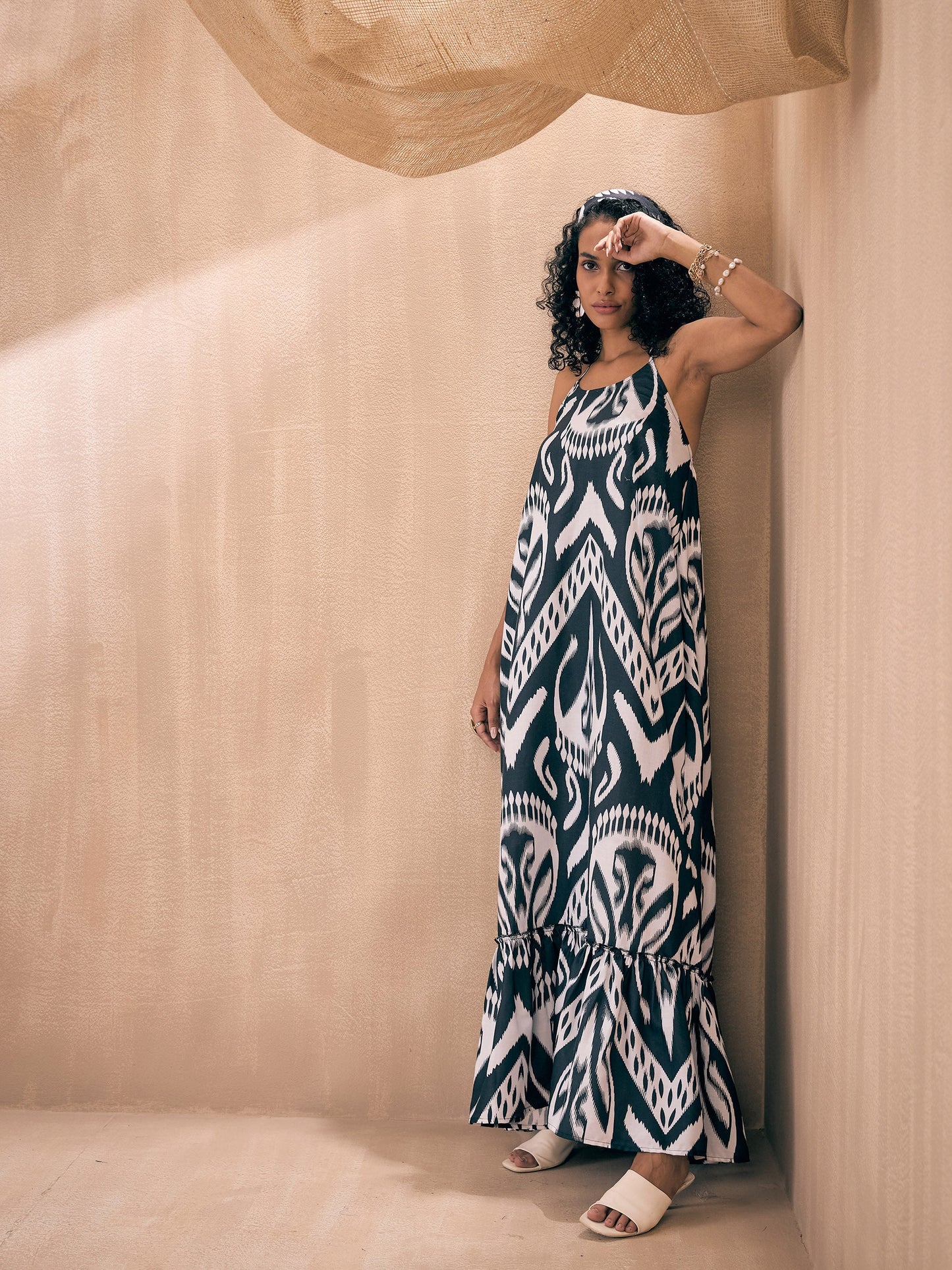 Black & White Ikat Halter Neck Loose Tiered Maxi