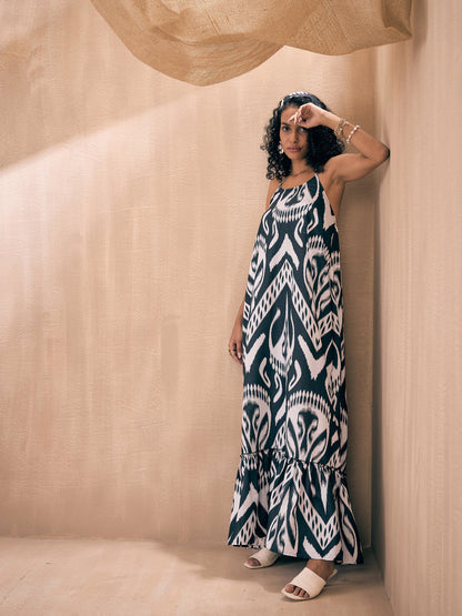 Black & White Ikat Halter Neck Loose Tiered Maxi