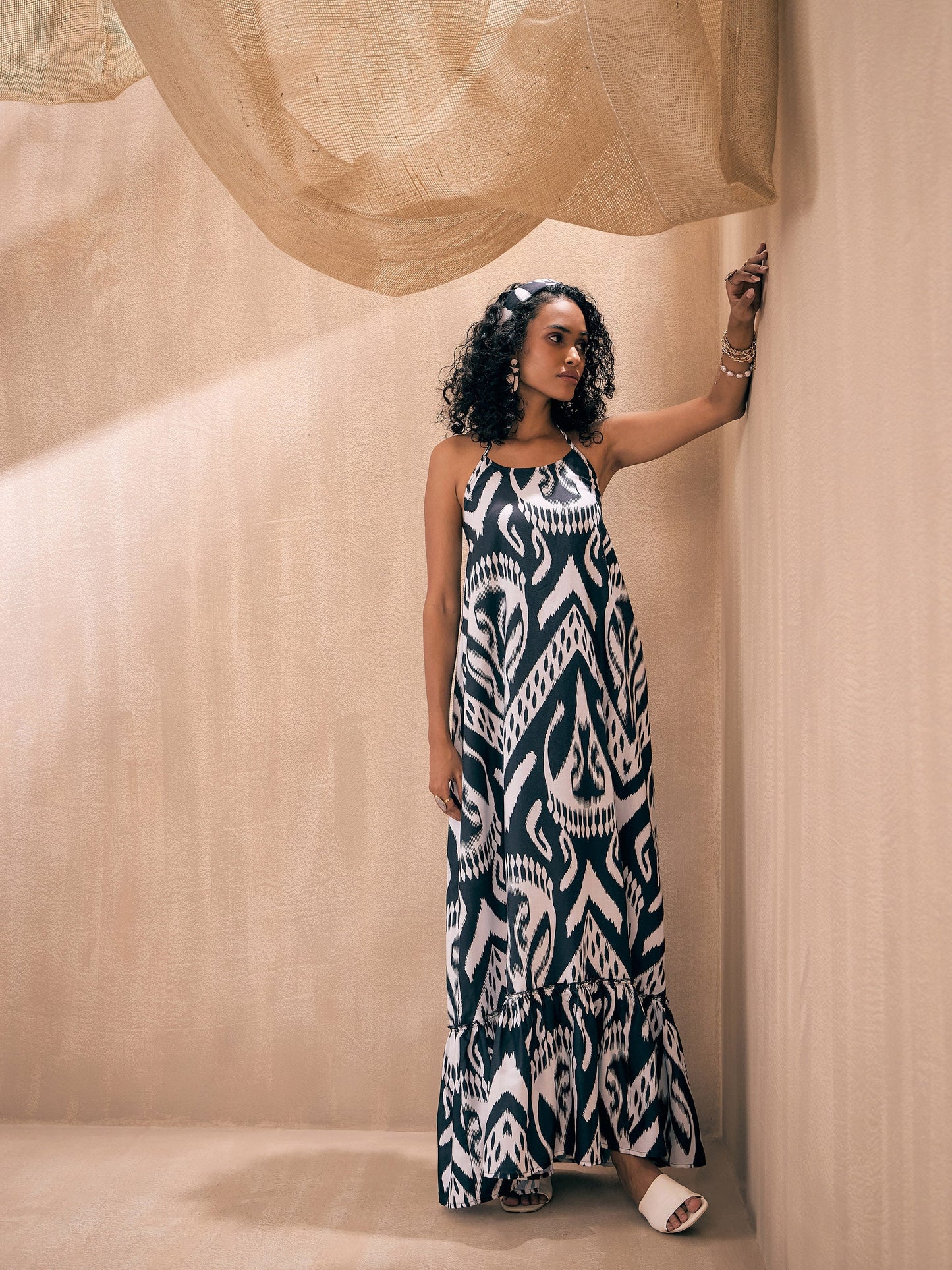 Black & White Ikat Halter Neck Loose Tiered Maxi