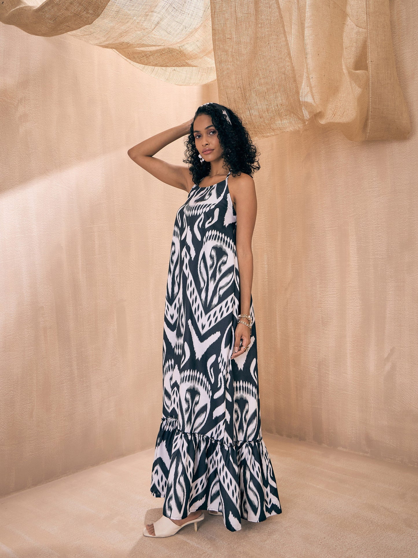 Black & White Ikat Halter Neck Loose Tiered Maxi