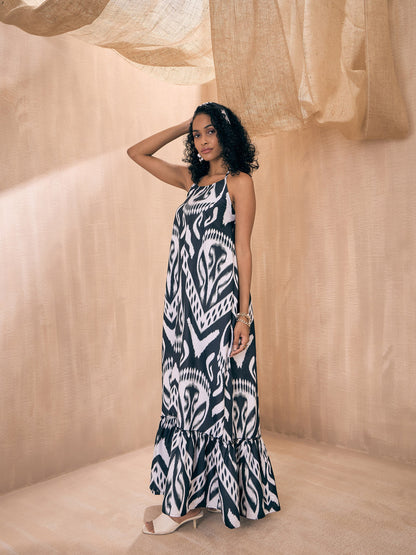 Black & White Ikat Halter Neck Loose Tiered Maxi