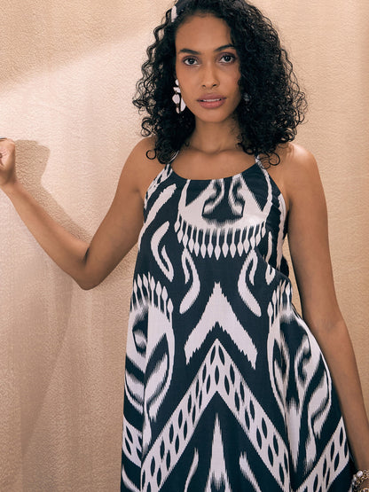 Black & White Ikat Halter Neck Loose Tiered Maxi