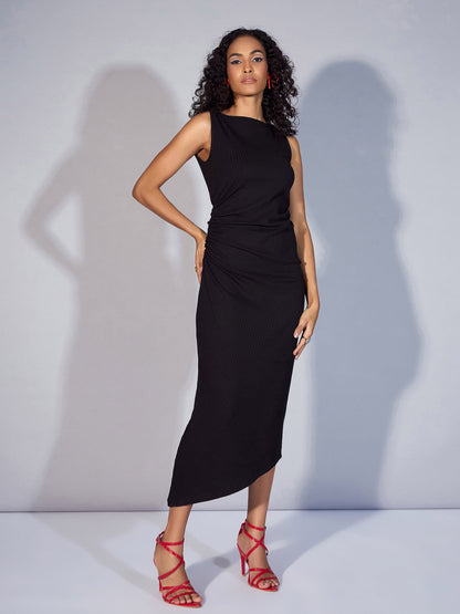 Black Rib Boat Neck Midi Dress