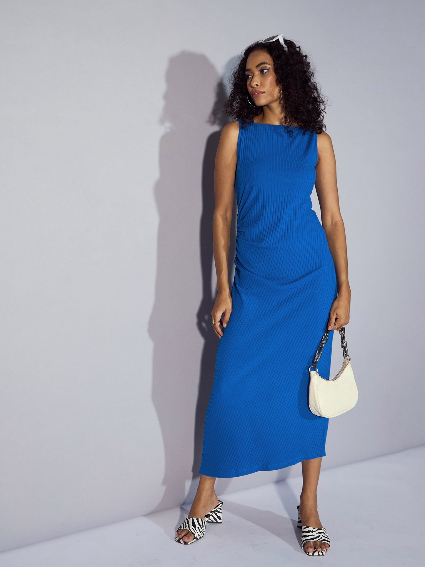 Royal Blue Rib Boat Neck Midi Dress