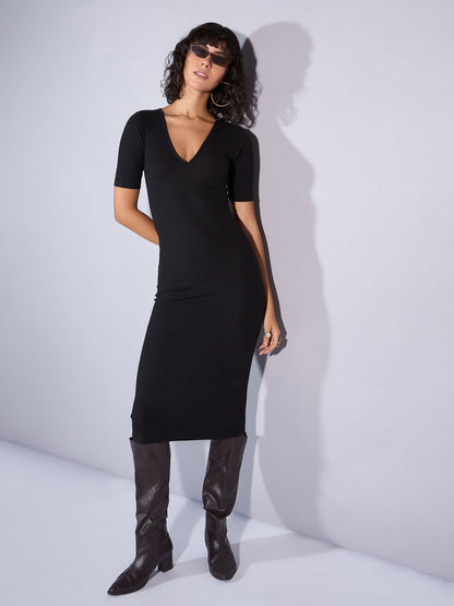 Black Rib V Neck Midi Dress