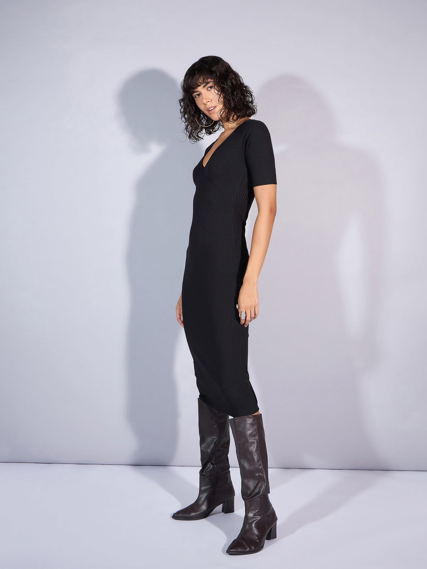 Black Rib V Neck Midi Dress